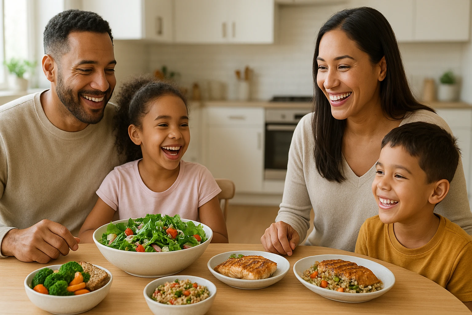 Fotorealistisches Hero-Bild f&uuml;r einen Artikel &uuml;ber gesunde Ern&auml;hrung: Eine multikulturelle Familie (Eltern und zwei Kinder) sitzt um einen hellen Holztisch und lacht, auf dem eine bunte, gesunde Mahlzeit steht (gro&szlig;er Salat mit Blattgem&uuml;se, gegrillter Fisch, Vollkornbrot, Schalen mit Quinoa und Gem&uuml;se). Sanftes, warmes Tageslicht f&auml;llt von der Seite durch ein K&uuml;chenfenster, dezenter Hintergrund (moderne K&uuml;che) weich unscharf, nat&uuml;rliche Hautt&ouml;ne, realistische Farben, hohe Aufl&ouml;sung, keine Text&uuml;berlagerung, 16:9, fotorealistisch.