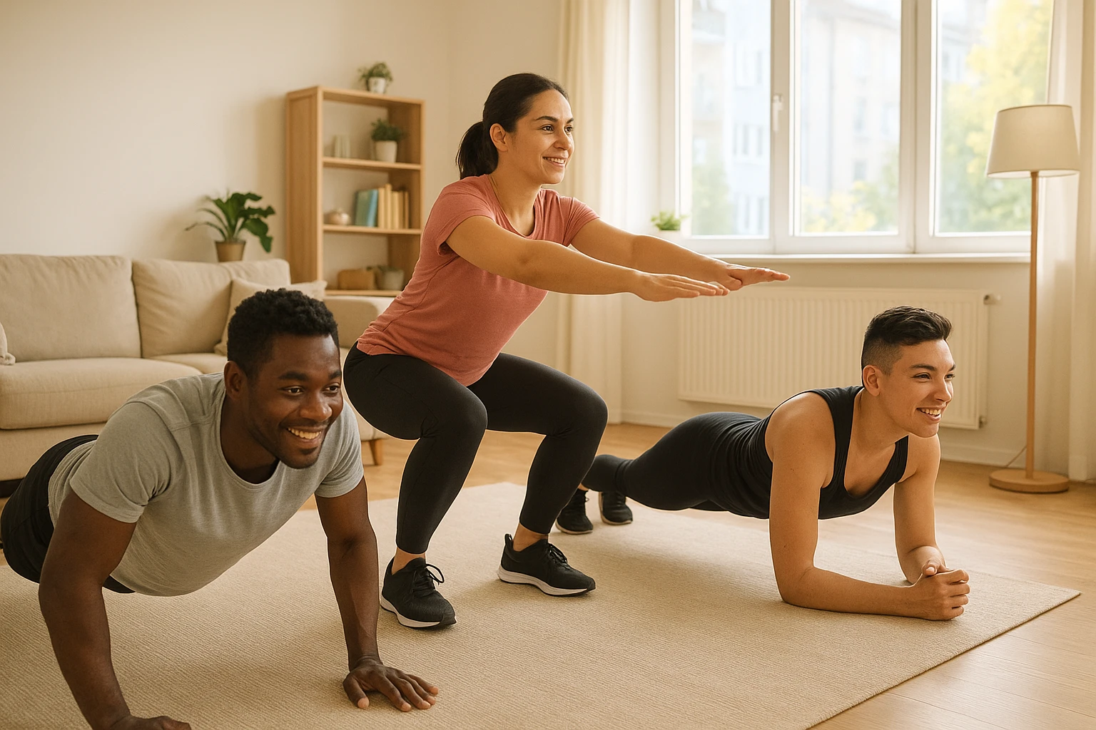 Titelbild: Helle, gem&uuml;tliche Wohnzimmerszene mit drei Personen unterschiedlichen Geschlechts und Herkunft (m&auml;nnlich, weiblich, nonbin&auml;r), alle in Sportkleidung, f&uuml;hren gleichzeitig verschiedene K&ouml;rpergewichts&uuml;bungen ohne Ger&auml;te aus (Liegest&uuml;tz, Kniebeuge, Unterarmst&uuml;tz). Nat&uuml;rliche Tageslichtbeleuchtung durch gro&szlig;es Fenster, warme, nat&uuml;rliche Farbt&ouml;ne, realistische Fotografie, leichte Sch&auml;rfentiefe, freundliche Mimik, klarer Fokus auf Bewegung und Alltagstauglichkeit.