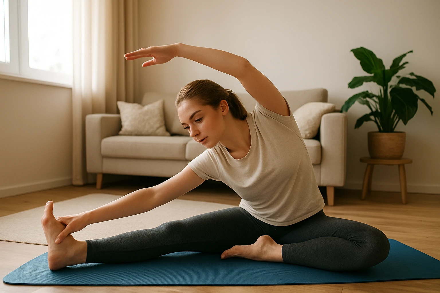 Junge Frau (Mitte 20) macht Aufw&auml;rm&uuml;bungen auf einer Yogamatte im hellen Wohnzimmer, Hygge-Einrichtung, Holzboden und Zimmerpflanze im Hintergrund. Nat&uuml;rliches, warmes Tageslicht (ca. 5500&ndash;6000K), weiches gleichm&auml;&szlig;iges Licht durch Fenster, realistische Hautt&ouml;ne. Weitwinkel 35mm, leichte Tiefensch&auml;rfe, echte ungezwungene Pose, keine Markenlogos auf Kleidung, fotorealistischer Stil.