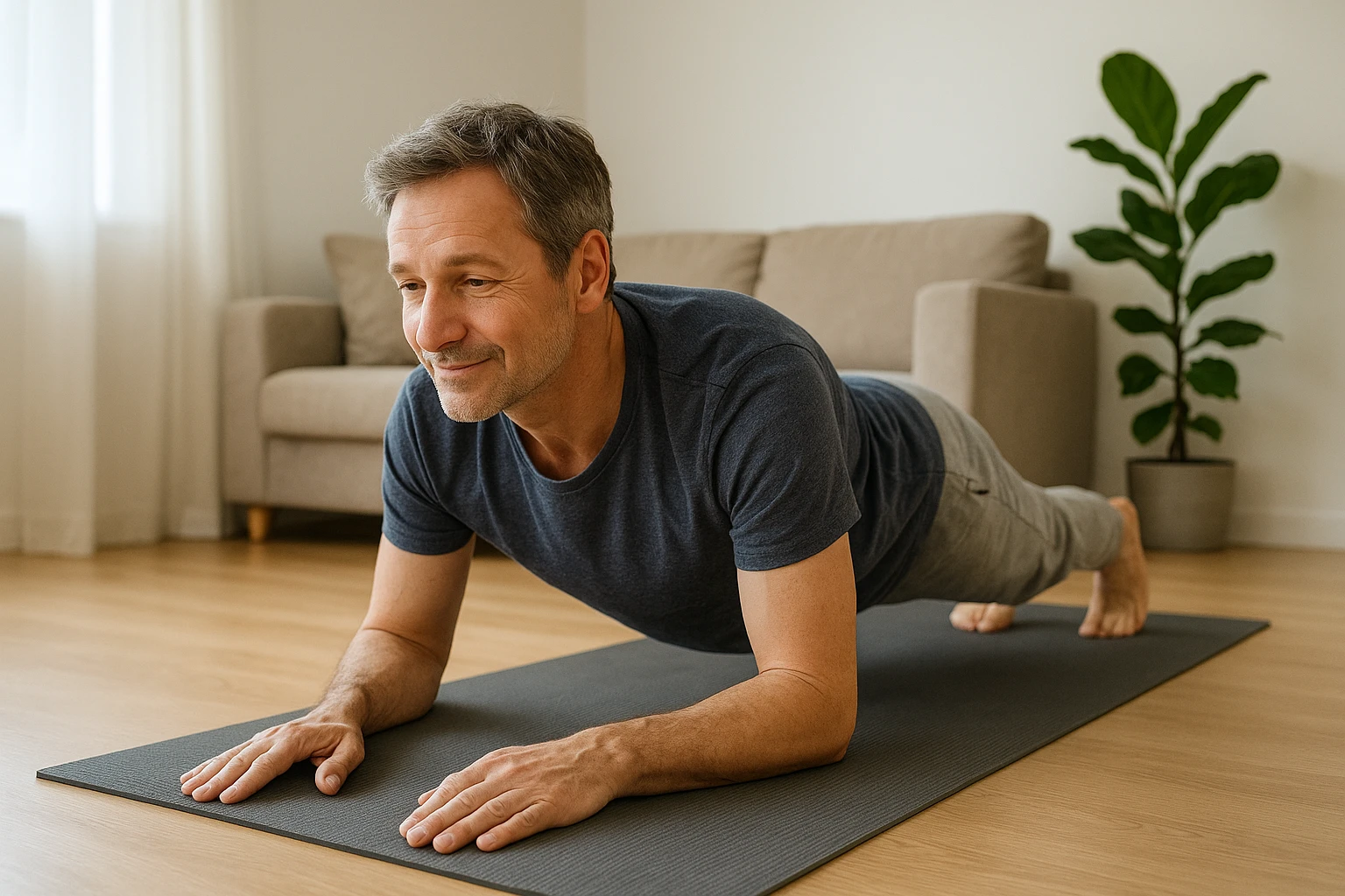 Lebensechte Szene im Wohnzimmer: ein circa 50-j&auml;hriger Mann macht eine Plank-&Uuml;bung auf einer Yogamatte, entspannte Mimik, ordentlicher Haushalt im Hintergrund (Sofa, Pflanze), neutrale Tageslicht-Farbtemperatur, scharfe Details an H&auml;nden und Matte, nat&uuml;rliche Schatten, fotorealistisch.