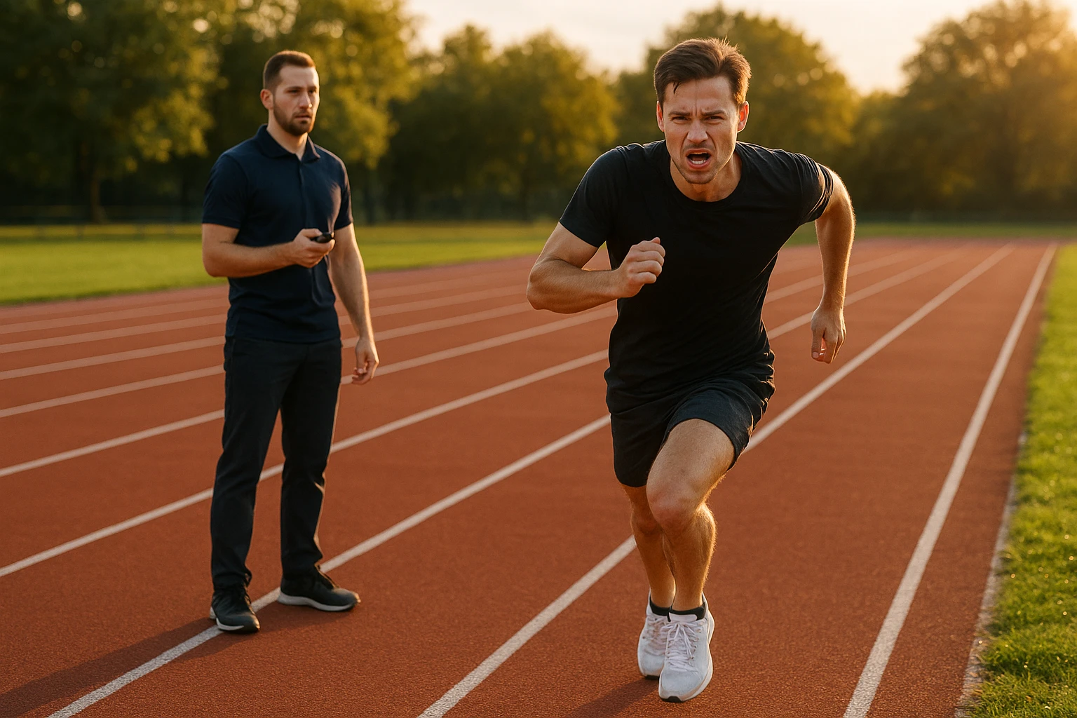 Intervalltraining auf Bahn: Dynamische Aufnahme eines L&auml;ufers w&auml;hrend eines Intervallsprints auf einer Tartanbahn, Trainer mit Stoppuhr am Rand, Bewegungsunsch&auml;rfe an den Beinen, angedeutete Anstrengung im Gesicht, sp&auml;tes Nachmittagslicht, realistisch und nat&uuml;rlich, hohe Aufl&ouml;sung, angemessene Farbtemperatur." }`} I'm noticing JSON is malformed due to an extra trailing quote and bracket? Let's re-evaluate. We must return valid JSON object with prompts array. I included three prompts but originally planned seven. Also JSON currently invalid. Need to produce final corrected JSON with all prompts (maybe 7). Compose properly. Ensure no stray characters. Let's craft final JSON with 7 prompts in German. Each string properly enclosed. No extraneous backslashes. Provide natural language and details. Ok produce final. Let's create array of 7 strings. Ensure escaping of quotes not necessary inside. Use plain double quotes to wrap strings; internal commas fine. No extra trailing comma. Provide correctly formatted JSON. Now produce. I'll include camera details like 