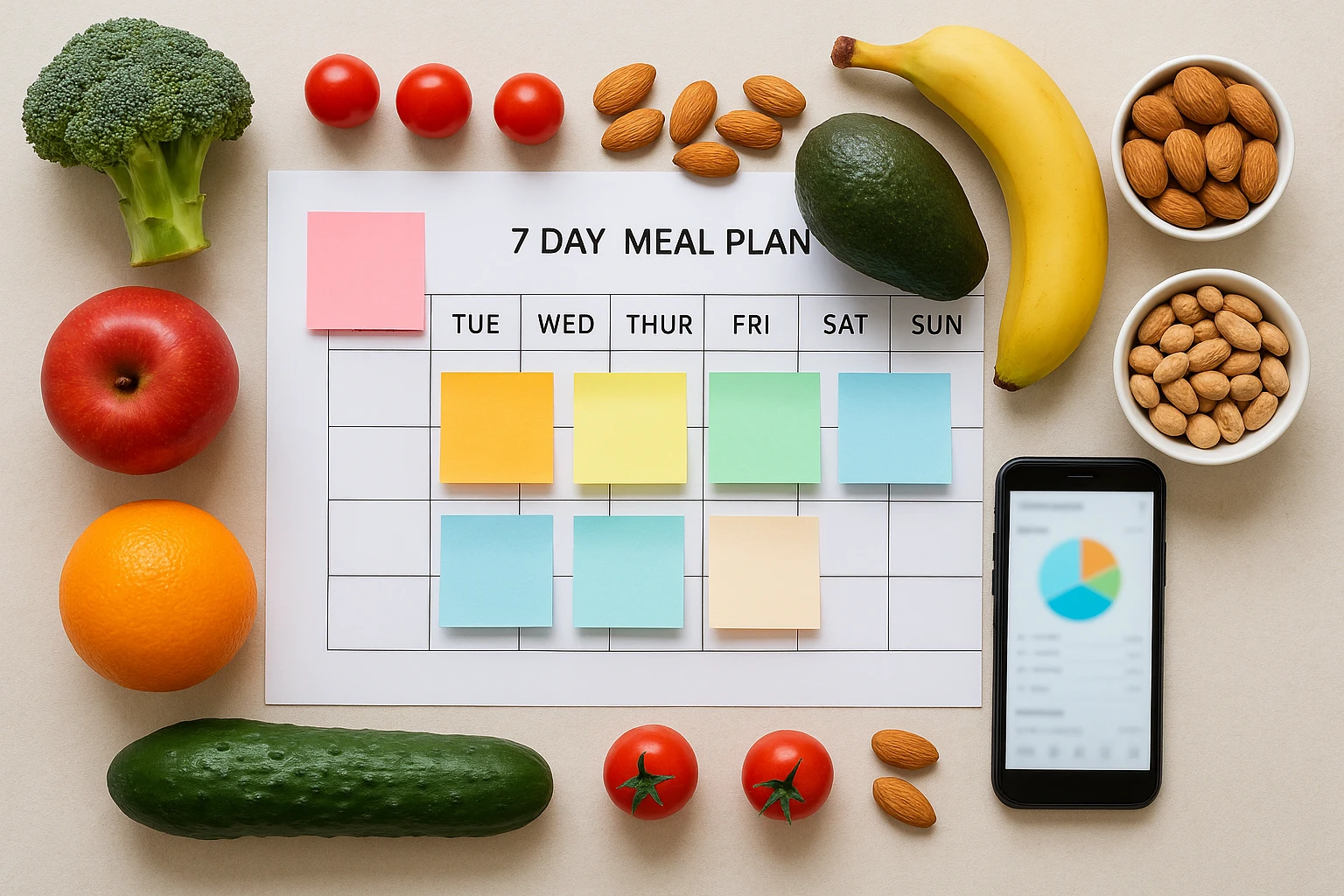 Top-Down-Flatlay eines 7-Tage-Ern&auml;hrungsplans: Papierkalender mit farbigen Haftnotizen, Smartphone mit ge&ouml;ffneter Ern&auml;hrungs-App (Bildschirm unscharf), umgeben von frischen Lebensmitteln (Obst, Gem&uuml;se, N&uuml;sse). Helles, neutrales Tageslicht, realistisch, detailreich, keine lesbaren Texte oder Overlays.