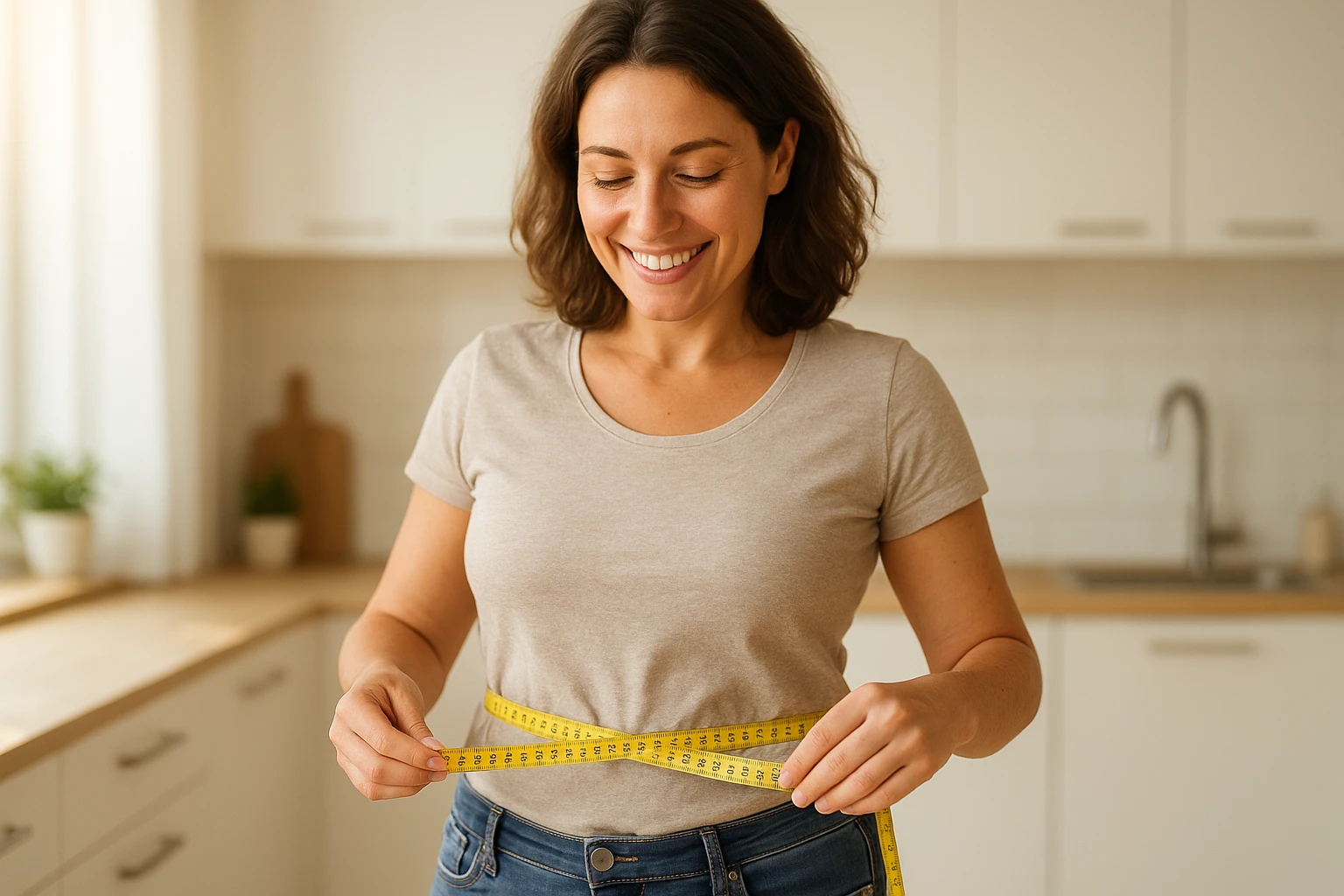 Gro&szlig;formatiges Titelbild: Eine l&auml;chelnde Frau Mitte 30 misst mit einem Ma&szlig;band ihre Taille in einer hellen, modernen K&uuml;che. Nat&uuml;rliche, weiche Morgenbeleuchtung mit warmer Farbtemperatur, realistische Hautt&ouml;ne, dezente Unsch&auml;rfe im Hintergrund, fotorealistischer Stil, nat&uuml;rliche Farben, freundliche, motivierende Stimmung.