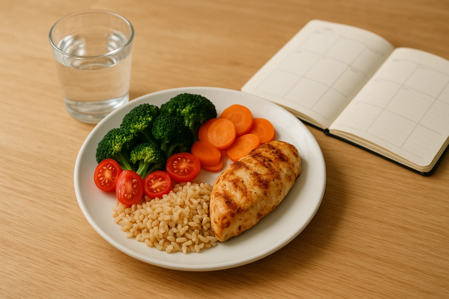 Hauptbild f&uuml;r Artikel: heller K&uuml;chentisch, ein ausgewogener Teller mit Gem&uuml;se, magerem Protein und Vollkorn, daneben ein Glas Wasser und ein ge&ouml;ffnetes Notizbuch mit kleinem Wochenplan (nicht lesbar). Nat&uuml;rliche Tageslichtbeleuchtung, warme Farbtemperatur, realistische Fotografie, leichte Hintergrundunsch&auml;rfe, 35mm, keine Textoverlays.