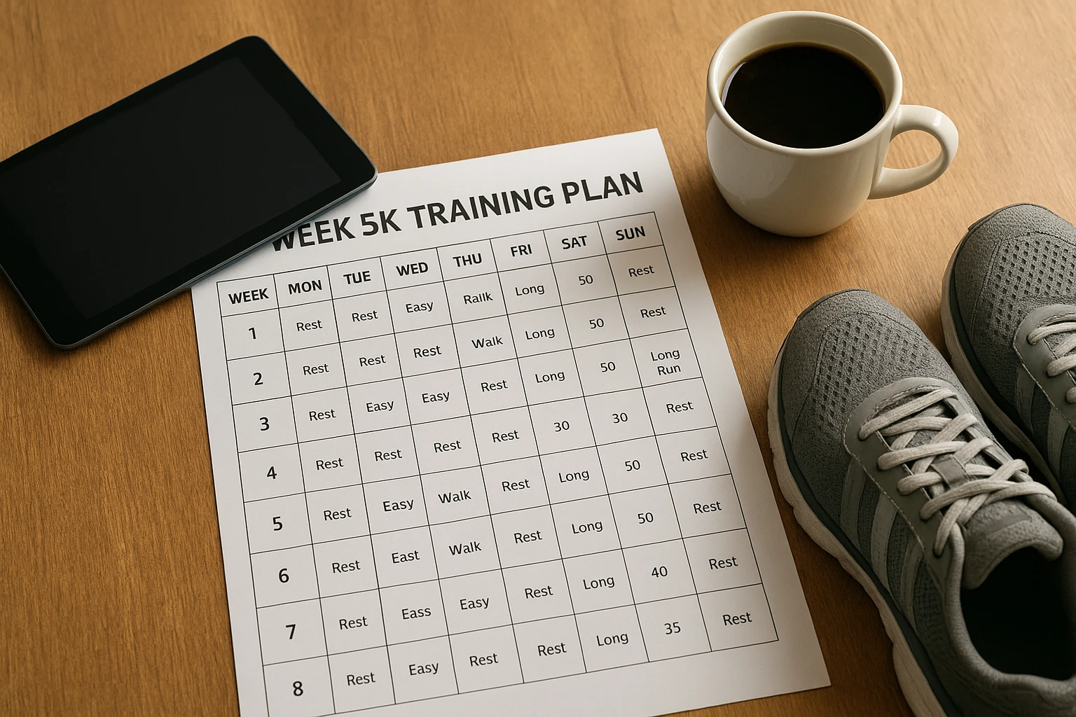 &Uuml;bersicht Trainingsplan: Aufsichtsfoto eines Holztisches mit einem ausgedruckten 8‑w&ouml;chigen 5‑km‑Trainingsplan auf Papier neben einem Tablet, einer Kaffeetasse und Laufschuhen am Rand, diffuses Tageslicht von rechts, scharfe Details, fotorealistisch, nat&uuml;rliche Farben.