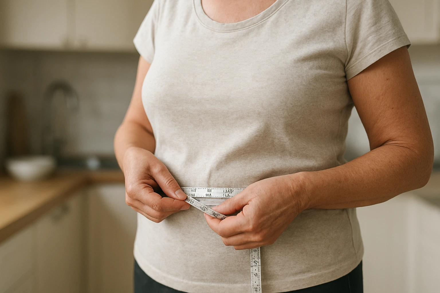 Fotorealistisches Foto: Nahaufnahme einer Person (mittleren Alters, weiblich) misst ihren Taillenumfang mit einem Ma&szlig;band in der heimischen K&uuml;che, entspannte K&ouml;rperhaltung, nat&uuml;rliche, neutrale Farbtemperatur (ca. 5000&ndash;5500K), weiches Tageslicht, warme und realistische Hautt&ouml;ne, unscharfer Hintergrund, kein Text oder Logos.