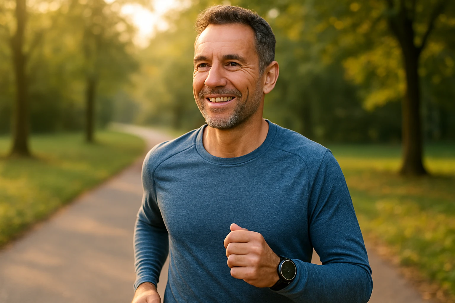 Titelbild: Nahaufnahme eines einzelnen L&auml;ufers mittleren Alters, l&auml;chelnd auf einem Parkweg am fr&uuml;hen Morgen, tr&auml;gt Funktionsshirt und Laufuhr, sanftes warmes Morgenlicht, nat&uuml;rlicher Hintergrund mit B&auml;umen und leichter Tiefenunsch&auml;rfe, fotorealistisch, hohe Aufl&ouml;sung, nat&uuml;rlich und realistisch, angemessene Farbtemperatur.