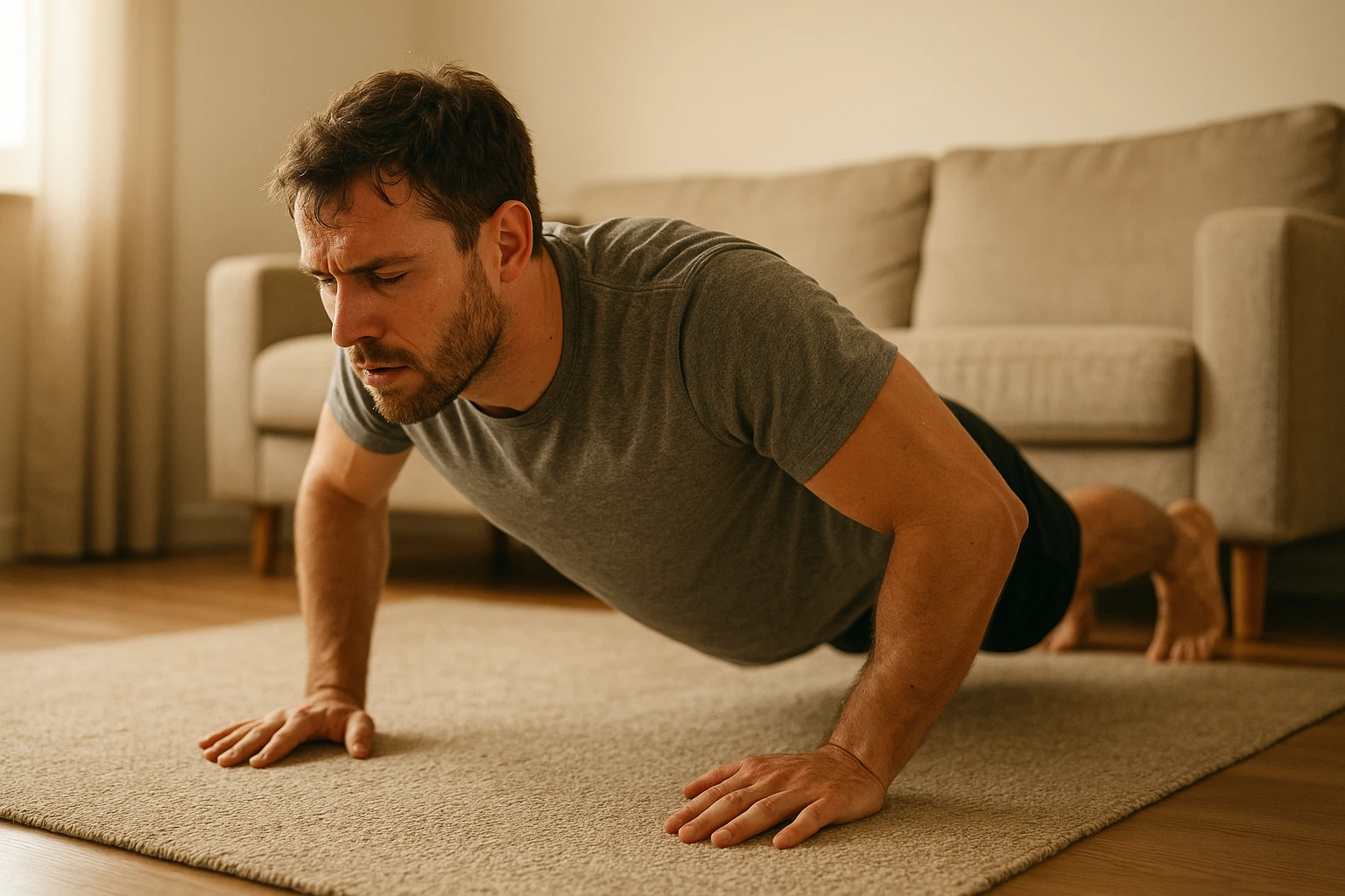 Mann (Ende 30) in einfacher Sportkleidung macht Liegest&uuml;tze auf einem Teppich vor dem Sofa, seitliche Perspektive, sichtbare Anstrengung und leichte Schwei&szlig;perlen, nat&uuml;rliche K&ouml;rperproportionen. Warme Tageslichtbeleuchtung, neutraler Farbton, 50mm, hohe Detailtreue, wohnliche Umgebung, keine Ger&auml;te oder Logos im Bild, realistische Fotografiequalit&auml;t.",