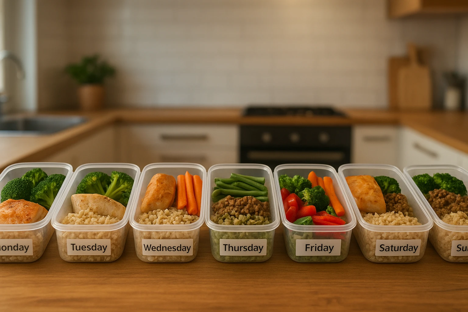 Meal-Prep-Serie: sieben durchsichtige Mealprep-Boxen in einer Reihe auf Arbeitsplatte, jede gef&uuml;llt mit ausgewogenen Portionen f&uuml;r Montag&ndash;Sonntag (Proteine, Gem&uuml;se, Vollkorn). Offene K&uuml;che im Hintergrund, warme nat&uuml;rliche Beleuchtung, realistische Fotografie, 50mm Objektiv, keine Textoverlays oder klinische Sterilit&auml;t, eher alltagsnah und einladend." ,"Frische-Einkauf: Nahaufnahme eines Einkaufskorbs im Supermarkt, gef&uuml;llt mit Blattgem&uuml;se, Tomaten, Paprika, Vollkornbrot, Eiern und H&uuml;lsenfr&uuml;chten. Nat&uuml;rliches Ladenlicht mit warmen T&ouml;nen, realistische Farben, authentische Szene, keine Textoverlays.","Gesundes Fr&uuml;hst&uuml;ck: Vogelperspektive auf eine Sch&uuml;ssel Overnight-Oats oder Smoothie-Bowl mit Beeren, N&uuml;ssen und Samen, Holzuntergrund, sanftes Morgenlicht, warme Farbtemperatur, realistische Food-Fotografie, geringe Tiefensch&auml;rfe, keine Textoverlays.","Ausgewogenes Mittagessen: Teller mit gegrilltem Gefl&uuml;gel oder Tofu, Quinoa und ger&ouml;stetem Gem&uuml;se auf einem rustikalen Holztisch, Besteck und Stoffserviette, nat&uuml;rliches Fensterlicht, realistische Farben und Texturen, keine Textoverlays.","Zubereitungsszene: mittlere Aufnahme einer Person beim Schneiden von Salat und Gem&uuml;se auf einem Holzbrett in einer heimischen K&uuml;che, freundliche, diverse Person (alter/ethnisch neutral), nat&uuml;rliche Tageslichtbeleuchtung, realistisch, ungestellte Stimmung, keine Textoverlays oder erkennbare Markenzeichen.","Planungs-Detail: Nahaufnahme von H&auml;nden, die eine 7-Tage-Checkliste ausf&uuml;llen, daneben Messbecher, Wasserflasche und ein paar Fr&uuml;chte auf dem Tisch. Warmes Tageslicht, klare realistische Fotografie, Fokus auf H&auml;nde und Papiergeometrie, keine lesbaren Texte oder Overlays."} PMID: rejetion of extraneous tokens}'}