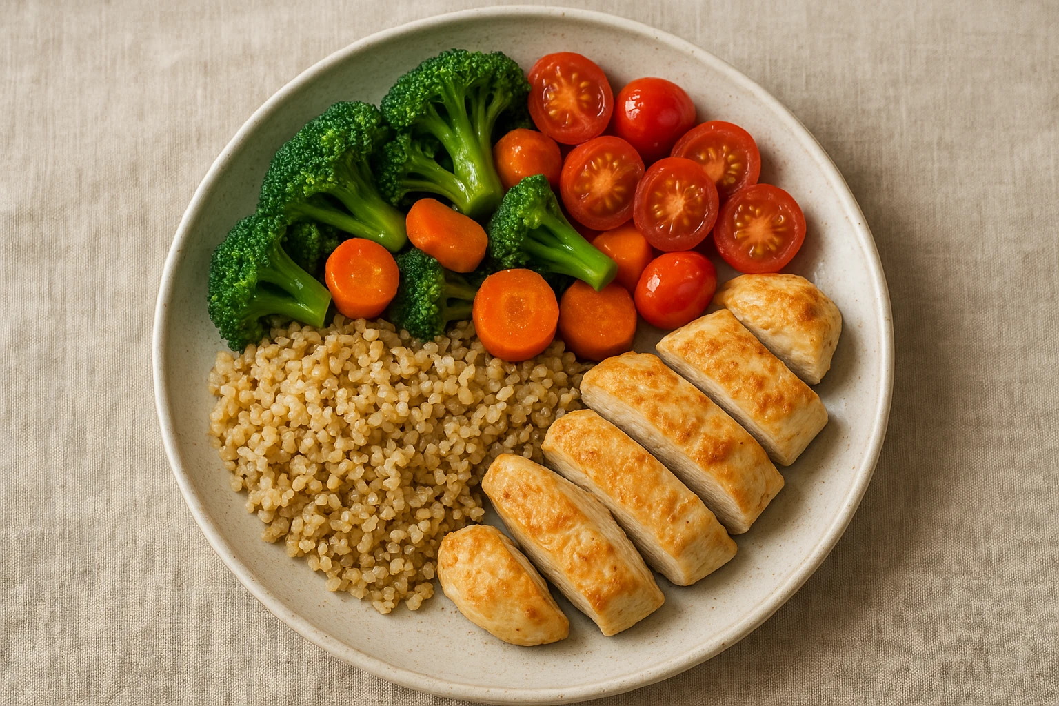 Nahaufnahme (Top-down) einer ausgewogenen Tellerportion: H&auml;lfte buntes Gem&uuml;se (ged&uuml;nsteter Brokkoli, Karotten, Tomaten), ein Viertel Vollkornreis/Quinoa, ein Viertel mageres Protein (H&uuml;hnchen oder Tofu). Keramik-Teller auf Leinen-Tischdecke, nat&uuml;rliche, neutrale Tageslichtfarbe, hohe Detailaufl&ouml;sung, geringe Tiefensch&auml;rfe am Rand, realistische Texturen und satte, aber nat&uuml;rliche Farben, fotorealistisch.