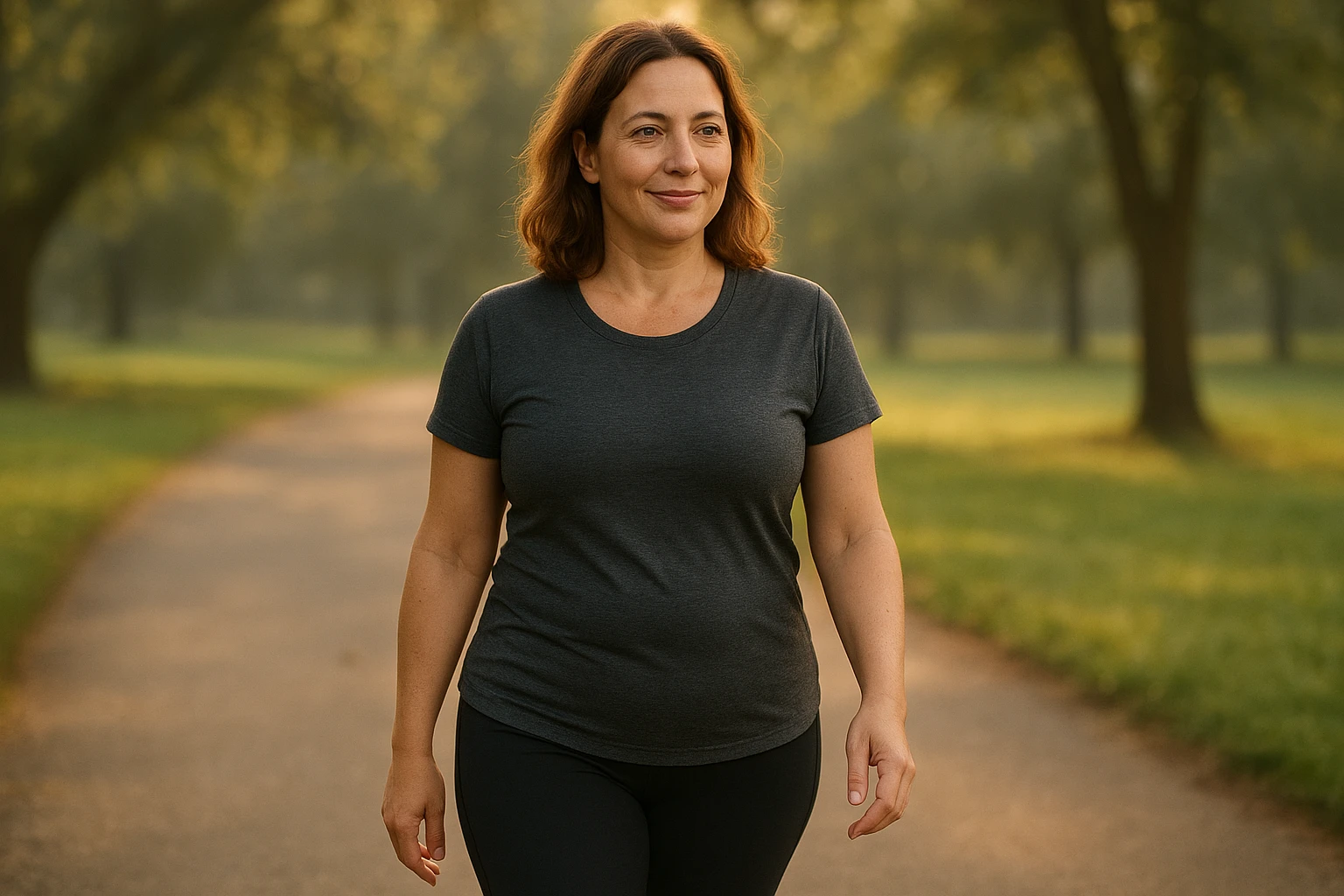 Fotorealistisches, nat&uuml;rliches Portr&auml;t einer circa 45-j&auml;hrigen Frau beim morgendlichen Spaziergang im Park: sportliche Freizeitschuhe, leichte Fitnesskleidung, dezentes L&auml;cheln, leichter Bauchansatz sichtbar, warmes Morgenlicht, weiche Hintergrundunsch&auml;rfe, realistische Hautt&ouml;ne, keine Text&uuml;berlagerung, hohe Aufl&ouml;sung.