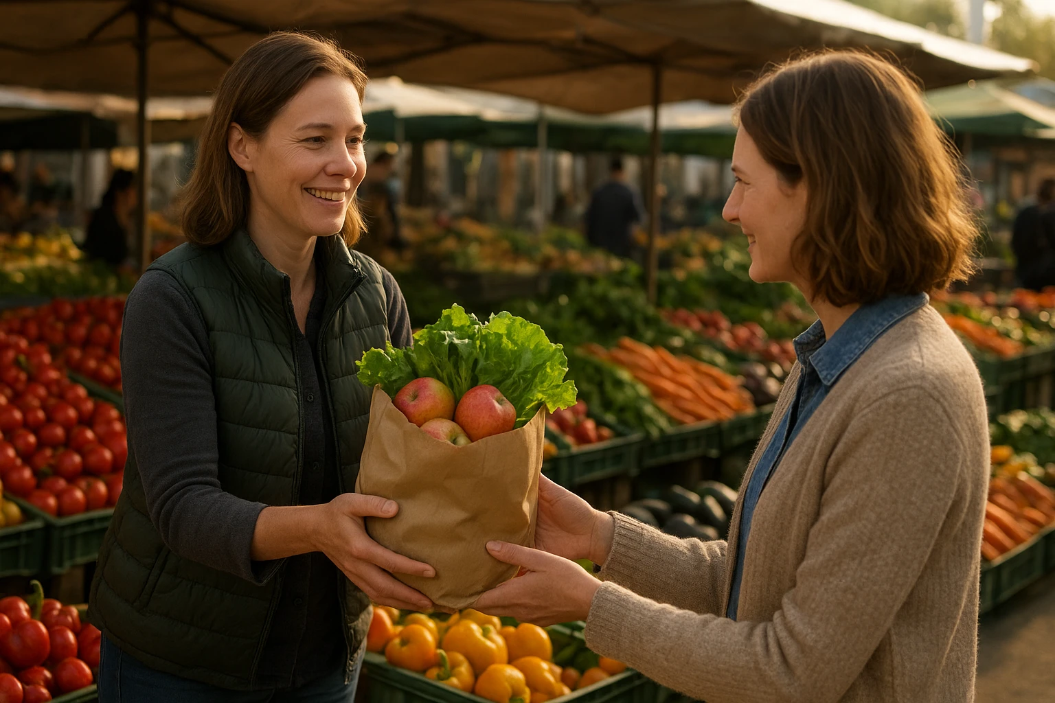 Lebendiger Wochenmarkt am Morgen: Verk&auml;uferin reicht einer Kundin eine Papiert&uuml;te mit frischem Blattgem&uuml;se und Bio-&Auml;pfeln. St&auml;nde mit buntem Obst und Gem&uuml;se im Hintergrund (Tomaten, Paprika, Karotten), nat&uuml;rliches Morgenlicht, warme Farbstimmung, dokumentarischer Fotostil, Menschen in Alltagskleidung, realistische Beleuchtung und Farben, hohe Aufl&ouml;sung, fotorealistisch, 3:2 Querformat, keine Text&uuml;berlagerung. &nbsp;n
