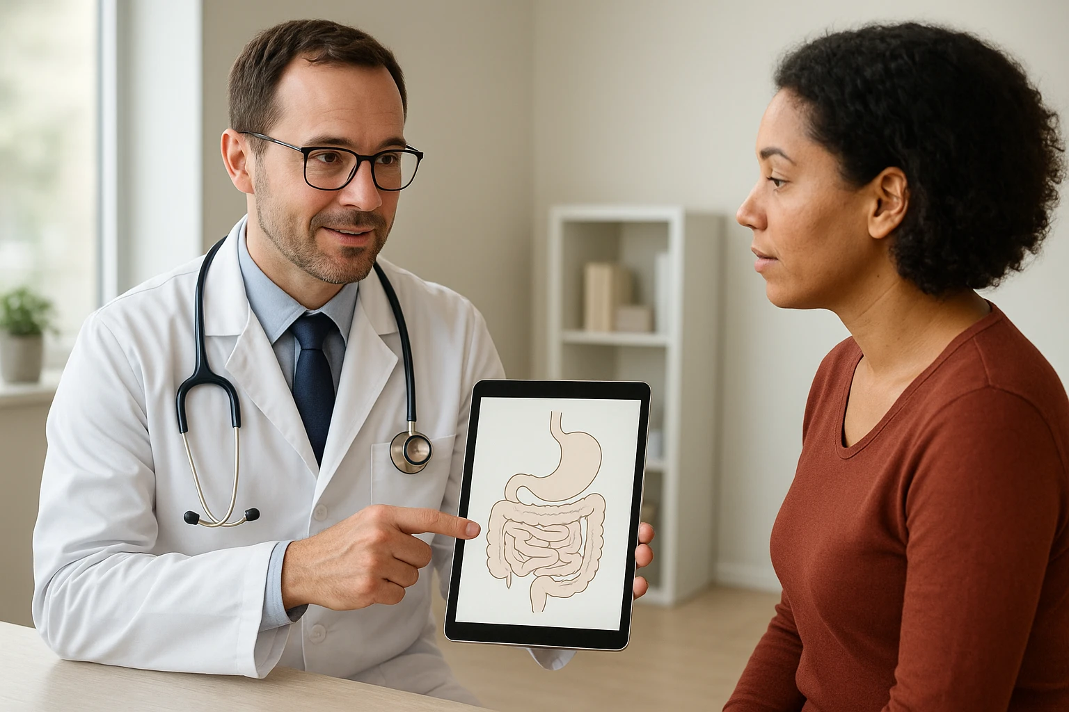 Fotorealistisches Bild: Arzt in wei&szlig;em Kittel ber&auml;t eine erwachsene Person (diverses Erscheinungsbild) in einer modernen Arztpraxis; der Arzt zeigt auf ein Tablet mit einer schematischen, aber unbeschrifteten Darstellung des Bauchraums, nat&uuml;rliche neutrale Farbtemperatur (ca. 5000&ndash;5500K), professionelle, freundliche Atmosph&auml;re, echtes Umgebungslicht, kein Text oder Markenlogos auf dem Tablet oder an W&auml;nden, realistische Hautt&ouml;ne und Kleidungfarben.  n